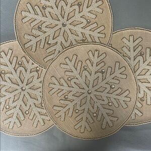St. Nicholas Square Gold and Cream Beaded Snowflake Placemats (Set)